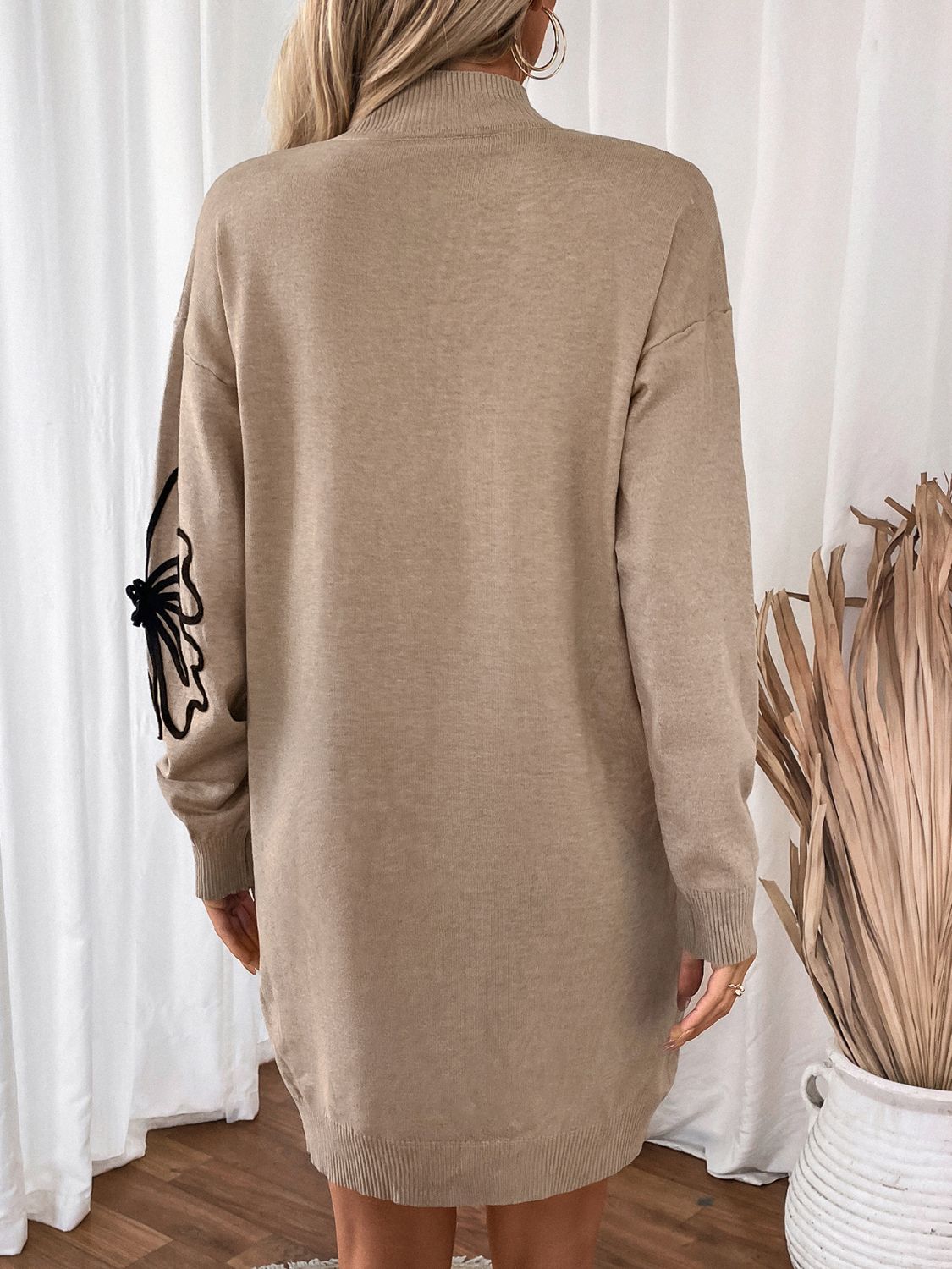 Perfee Flower Mock Neck Long Sleeve Sweater Dress