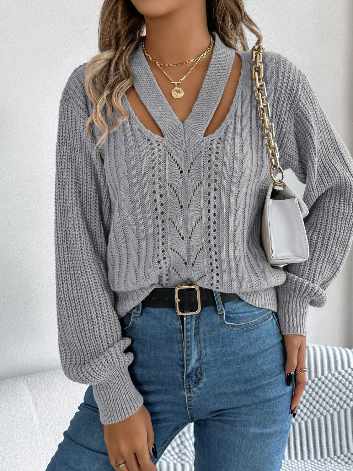 Cutout V-Neck Long Sleeve Sweater