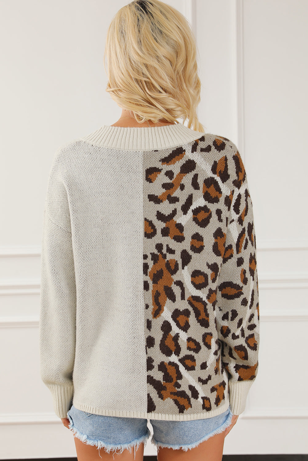 Leopard V Neck Drop Shoulder Sweater