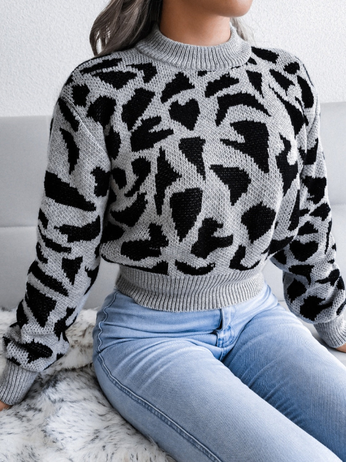 Leopard Round Neck Dropped Shoulder Sweater