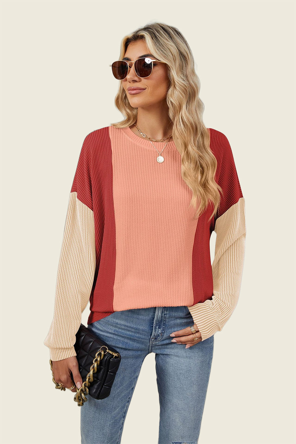 Double Take Texture Contrast Round Neck Long Sleeve T-Shirt