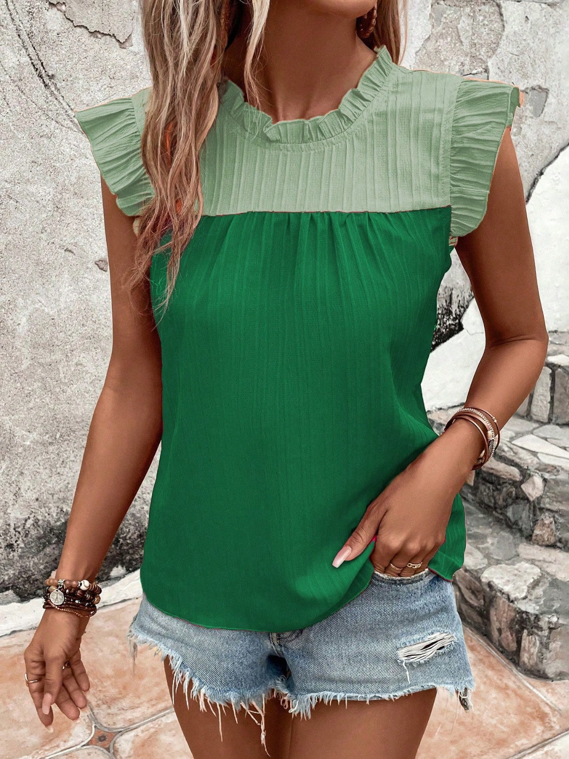 Frill Contrast Round Neck Cap Sleeve Blouse