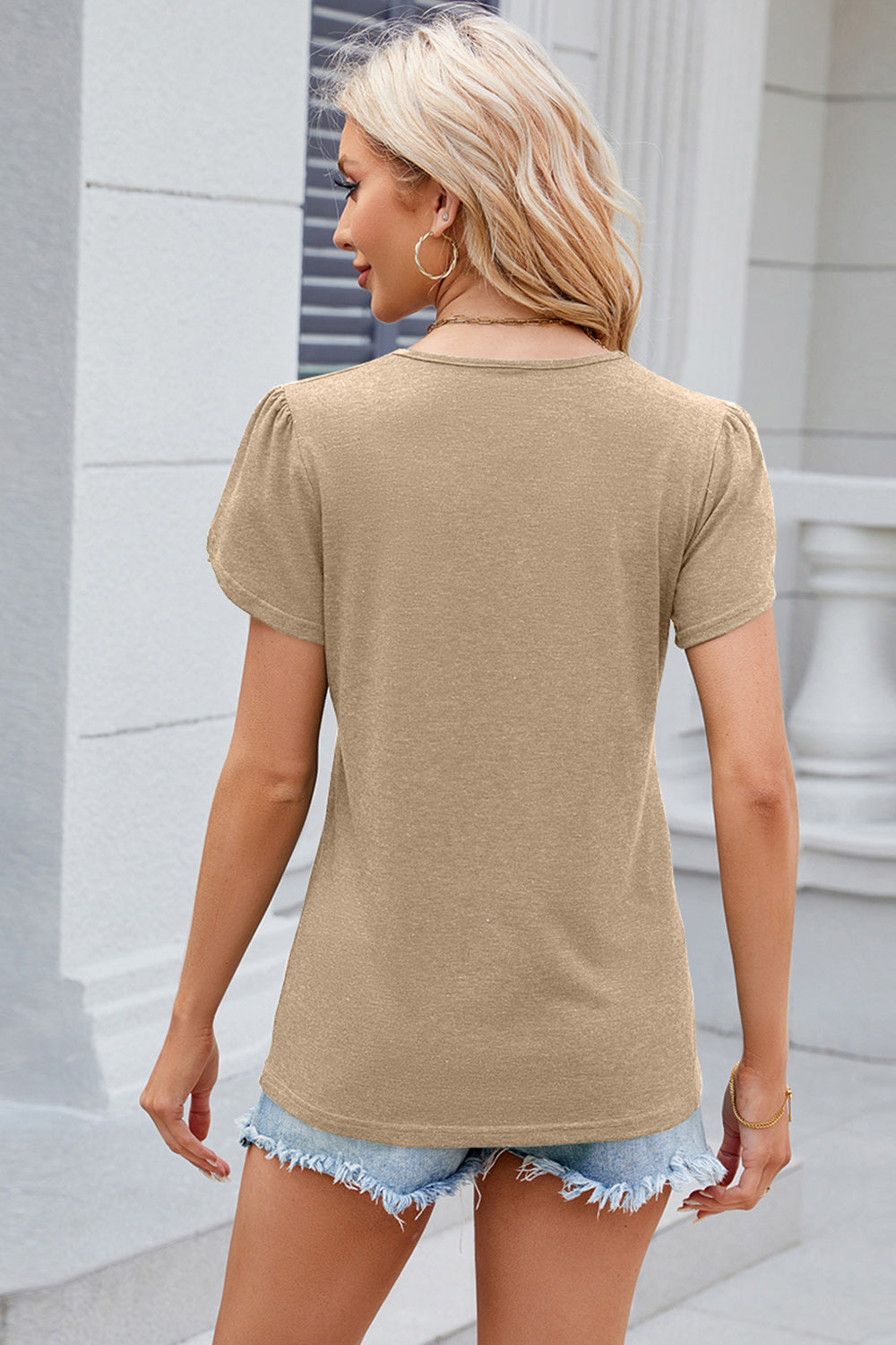 V-Neck Petal Sleeve T-Shirt