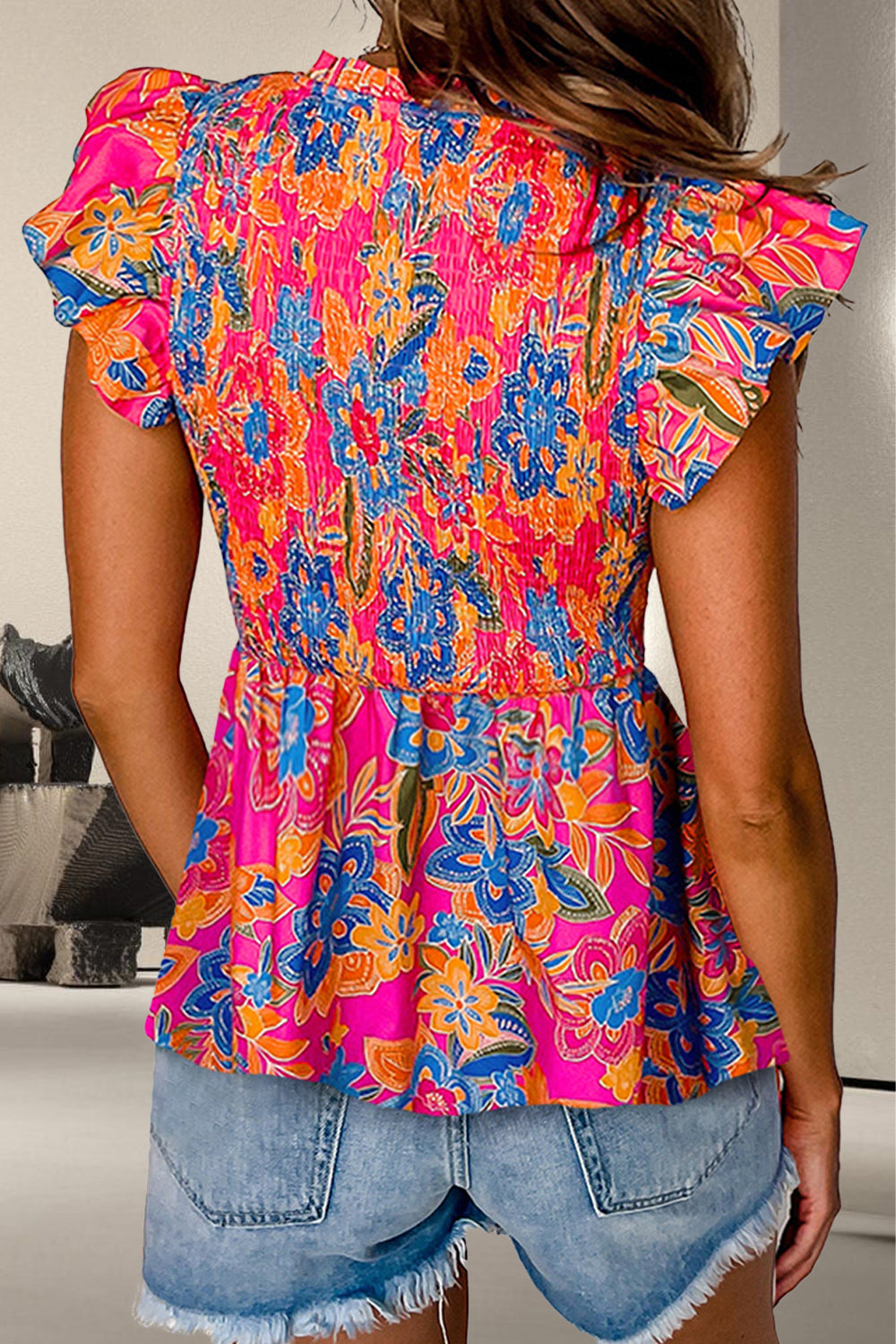 Smocked Printed V-Neck Cap Sleeve Blouse