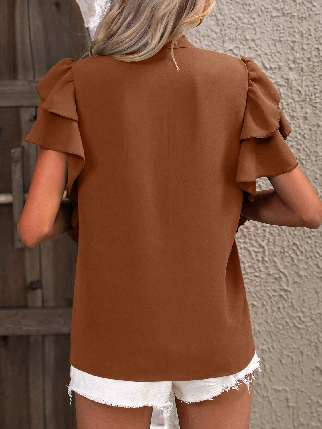 Ruffled Notched Short Sleeve Blouse