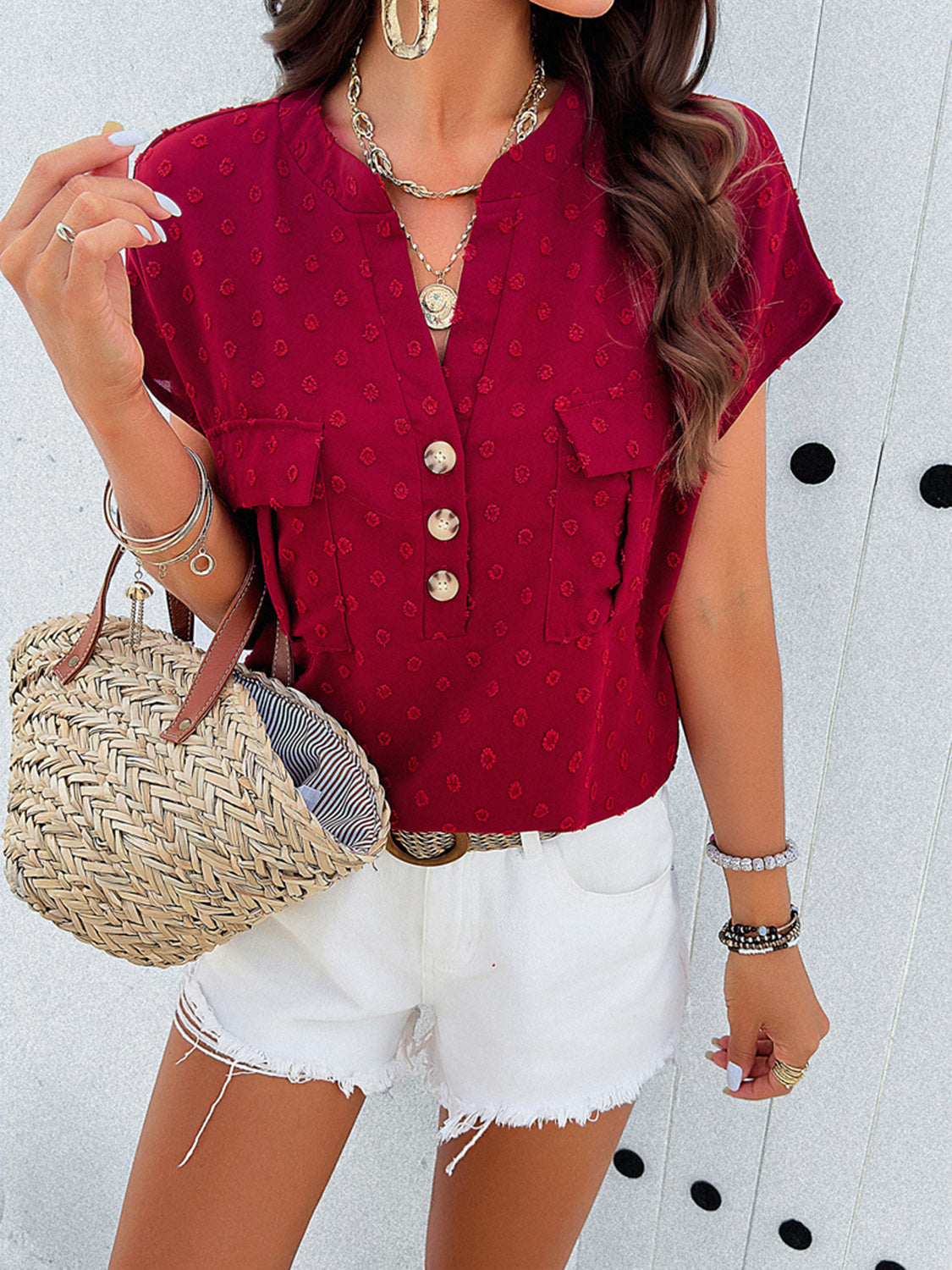 Swiss Dot Short Sleeve Blouse