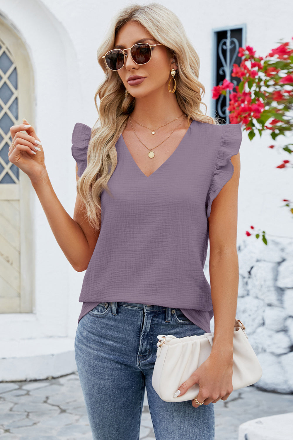 Ruffled V-Neck Cap Sleeve Blouse