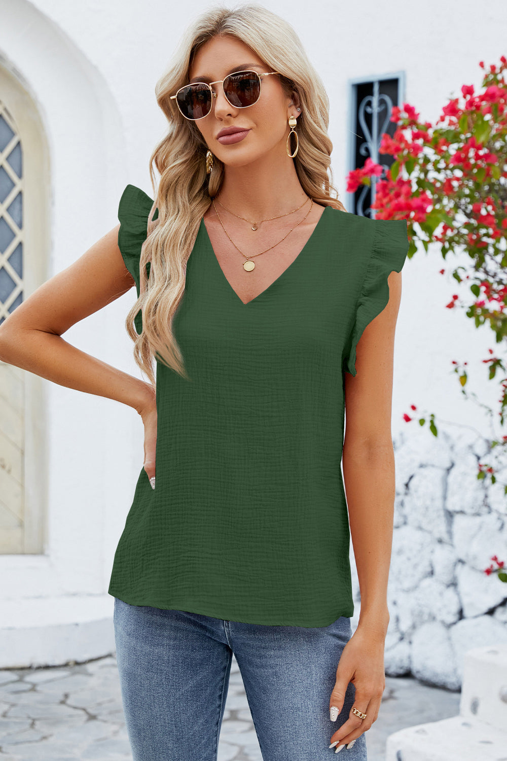 Ruffled V-Neck Cap Sleeve Blouse